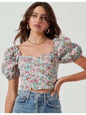 ASTR The Label Romilly Floral Puff Sleeve Smocked Crop Top sz S